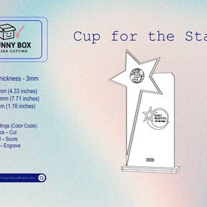 K&ouml;nnte beinhalten: Lasergeschnittene Troph&auml;e mit Stern-Design, beschriftet "Cup for the Star". Die Troph&auml;e enth&auml;lt einen Stern mit einem Globus, einen kleineren Stern mit Text und das Jahr 2025. Abmessungen: 110 mm breit, 196 mm hoch und 30 mm tief.
