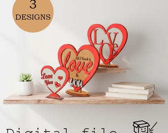 Set med 3 hjärtställ laserskurna filer | Alla hjärtans dag-dekor SVG | Hjärtdisplayvektordesign