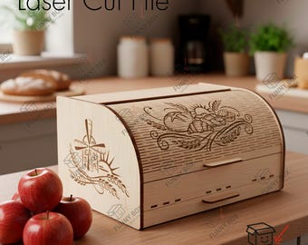 Brotkasten mit Krümelschublade Digitales Laserschnittdesign, digitale Vorlage mit Gravur, rustikale Küchendekoration, Bastelgeschenk (digitaler Download)