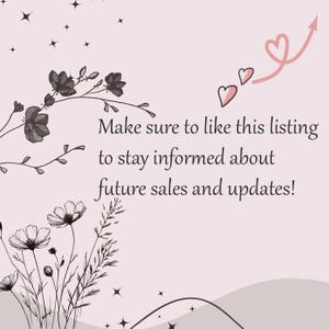 K&ouml;nnte beinhalten: Hellrosa Grafik mit floralen Illustrationen und dem Text: "Bitte liken Sie dieses Angebot, um &uuml;ber zuk&uuml;nftige Verk&auml;ufe und Updates informiert zu bleiben!" Ein rosa Pfeil mit Herzen zeigt nach oben.