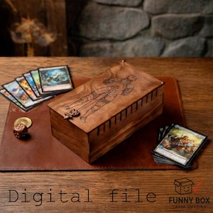 May include: A wooden box with a laser-etched knight design on the lid, featuring a latch and a stack of cards. The box is surrounded by other cards, dice, and coins on a brown leather mat. The text "Digital file" is visible.