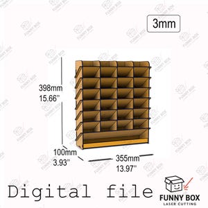 May include: A wooden storage rack with twenty-five open compartments, featuring a 3mm material thickness. The unit measures 15.66 inches high, 13.97 inches wide, and 3.93 inches deep. The text Digital file and Funny Box Laser Cutting are visible.
