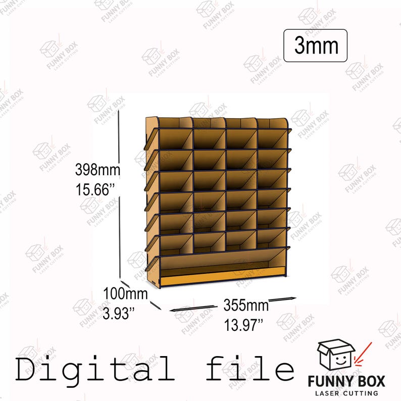 May include: A wooden storage rack with twenty-five open compartments, featuring a 3mm material thickness. The unit measures 15.66 inches high, 13.97 inches wide, and 3.93 inches deep. The text Digital file and Funny Box Laser Cutting are visible.