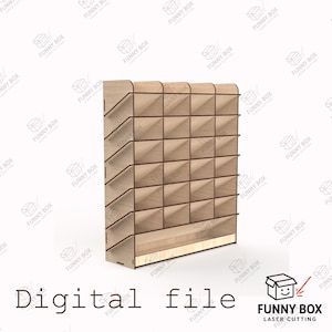 May include: A light-colored wooden display rack featuring five vertical columns and five horizontal rows of open storage compartments, with a solid base shelf and angled side panels, presented as a digital file for laser cutting.
