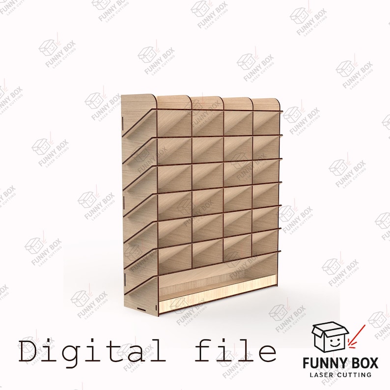 May include: A light-colored wooden display rack featuring five vertical columns and five horizontal rows of open storage compartments, with a solid base shelf and angled side panels, presented as a digital file for laser cutting.