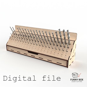 May include: A wooden drill bit organizer with multiple holes, each labeled with a number. The organizer holds a variety of silver drill bits of different sizes. The text "Digital file" is displayed at the bottom of the image.