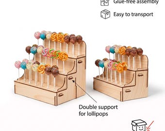 Lollipop Cake Pop Stand SVG | 3-Tier Display Stand Laser Cut File | 2 Sizes Wood Candy Stand Digital Download | Glue-Free Assembly