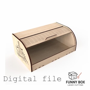 K&ouml;nnte beinhalten: Eine Brotkiste aus Holz mit einer gew&ouml;lbten, transparenten Front und einem Rolldeckel. Die Kiste hat ein lasergeschnittenes Design einer Windm&uuml;hle und Weizen. Die Worte "Digital file" stehen unten. Die Kiste ist aus hellem Holz.