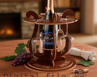 Elegante modello per portabottiglie e portabicchieri da vino tagliato al laser, design inciso, portabottiglie SVG, decorazioni per matrimoni, glowforge, idea regalo