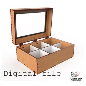 Könnte beinhalten: Eine Holzkiste mit transparentem Deckel, unterteilt in sechs Fächer. Die Kiste ist hellbraun mit dunkleren braunen Akzenten und Scharnieren. Der Text "Digital file" befindet sich unten links und ein Logo mit dem Text "FUNNY BOX LASER CUTTING" unten rechts.