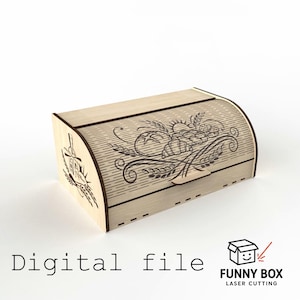 K&ouml;nnte beinhalten: Eine Brotkiste aus Holz mit gew&ouml;lbtem Deckel und einem lasergeschnittenen Design aus Weizen, Brot und einer Windm&uuml;hle. Die Kiste hat einen kleinen Griff und die Worte "Digital file" sind auf der Vorderseite aufgedruckt. Das Logo "FUNNY BOX LASER CUTTING" ist ebenfalls sichtbar.