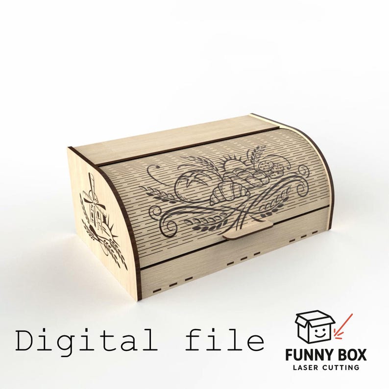 K&ouml;nnte beinhalten: Eine Brotkiste aus Holz mit gew&ouml;lbtem Deckel und einem lasergeschnittenen Design aus Weizen, Brot und einer Windm&uuml;hle. Die Kiste hat einen kleinen Griff und die Worte "Digital file" sind auf der Vorderseite aufgedruckt. Das Logo "FUNNY BOX LASER CUTTING" ist ebenfalls sichtbar.