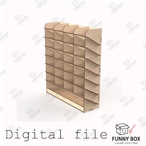 May include: A light-colored wooden display rack featuring five vertical columns and five horizontal rows, creating twenty-five individual storage compartments. The structure has an open-front design with angled side panels and a flat base.
