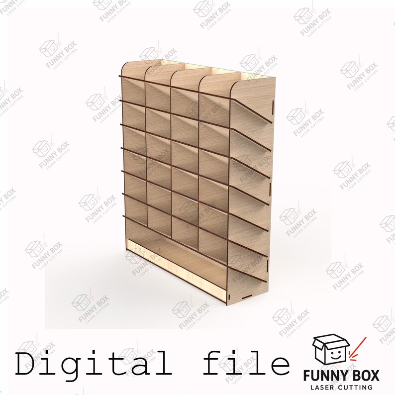 May include: A light-colored wooden display rack featuring five vertical columns and five horizontal rows, creating twenty-five individual storage compartments. The structure has an open-front design with angled side panels and a flat base.