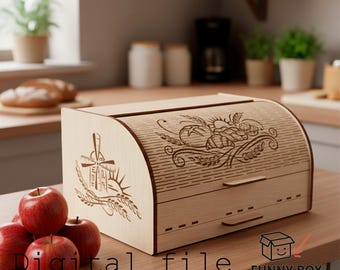 Scatola per il pane con cassetto raccogli briciole, design digitale tagliato al laser, modello digitale con incisione, decorazione rustica per cucina, regalo artigianale (download digitale)