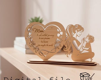 Statua a forma di cuore tagliata al laser con mamma e bambino, regalo per la festa della mamma, decorazione in legno per la festa della mamma, regalo sentimentale per la mamma