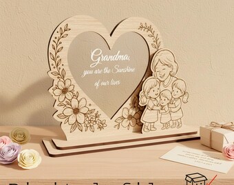 Laser Cut Grandma Heart SVG | Photo Card Holder Mother's Day | Floral Heart Plaque Laser File | Gift for Grandma | Digital Download SVG DXF