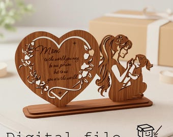 Statua a forma di cuore tagliata al laser con mamma e bambino, regalo per la festa della mamma, decorazione in legno per la festa della mamma, regalo sentimentale per la mamma