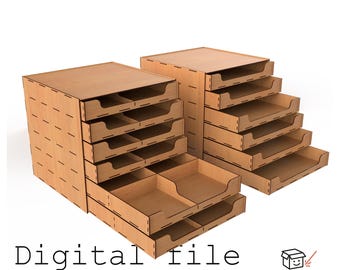 May include: Two wooden desk organizers with multiple pull-out trays. The organizers are made of light brown wood and are designed for laser cutting. The text "Digital file" is visible at the bottom of the image.