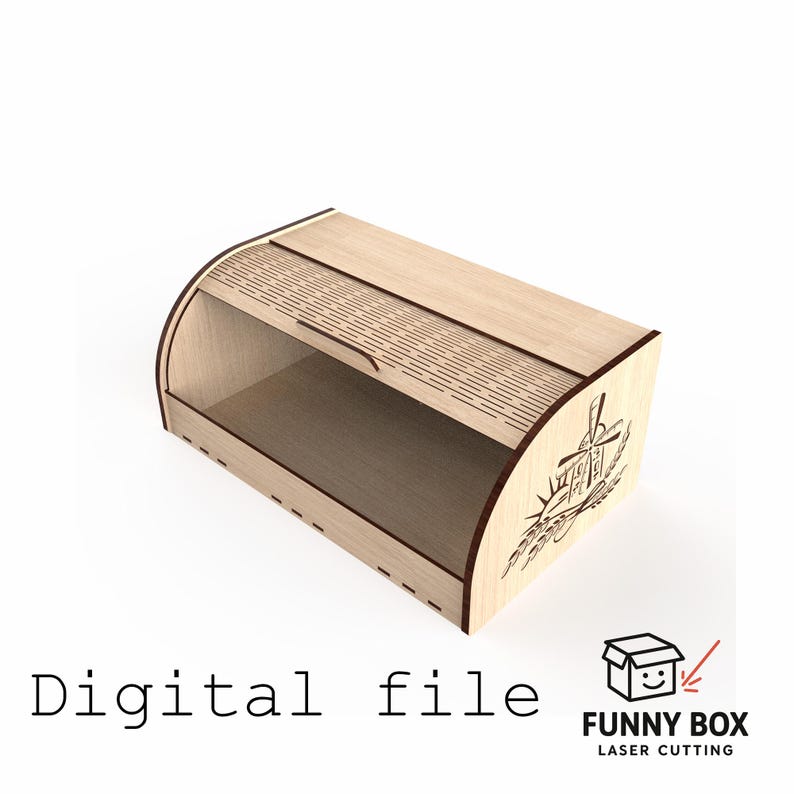 K&ouml;nnte beinhalten: Eine hellfarbene Brotdose aus Holz mit Rollladen. Die Box hat ein lasergeschnittenes Design einer Windm&uuml;hle und Weizen&auml;hren auf der Seite. Der Text "Digital file" wird unten angezeigt. Das Produkt stammt von Funny Box Laser Cutting.