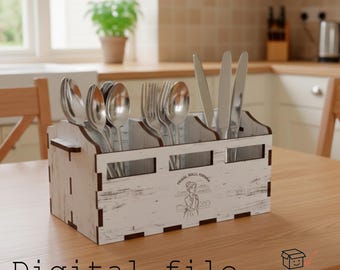 Organizzatore per posate – Contenitore rustico a 4 scomparti con parte anteriore decorativa (design tagliato al laser digitale, materiale da 6 mm, colla minima)