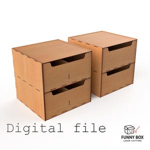 Könnte beinhalten: Zwei würfelförmige Aufbewahrungseinheiten aus hellem Holz, jeweils mit zwei Schubladen. Die Einheiten scheinen lasergeschnitten zu sein. Der Text "Digital file" befindet sich am unteren Rand des Bildes.