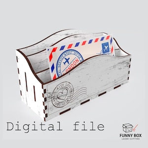 May include: A white wooden desk organizer with a distressed finish, holding an envelope with a London postmark. The organizer has a wavy top and a stamp that says "Made with Love". The words "Digital file" are at the bottom.