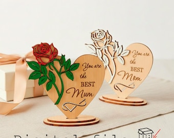 Cuore e rosa per la mamma / File tagliato al laser per il regalo della mamma / "Sei la mamma migliore" o "Sei la mamma migliore" / SVG a strati / 3 mm, 1/8 pollici