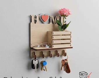 Laser Cut Key Holder SVG | HOME Wall Key Organizer | Wooden Key Rack Digital File | 3mm Plywood | Small Laser Ready