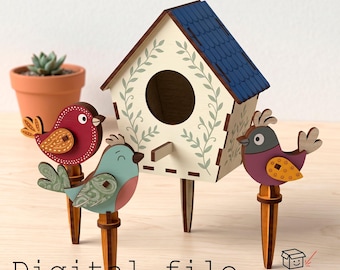 Plant Decorations – Birds & Birdhouse – Digital Laser Cut Garden Accessories (3mm Material, 1/8 inch - read description)