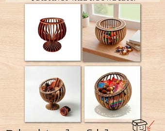 Laser Cut Decorative Bowl & Vase SVG | Set of 4 Designs | Candy Bowl Fruit Basket | Slatted Wood Decor | Wood Laser Cut File