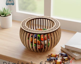 Ciotola per caramelle in legno a doghe tagliata al laser / Piatto per caramelle traforato SVG / 3 mm