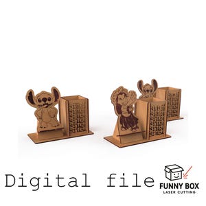 May include: Wooden desk tidies with laser-cut cartoon character designs. The organisers have a rectangular shape with a phone slot and a compartment for pens or pencils. The characters include Stitch and Lilo.