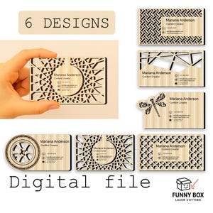 Può includere: Una collezione di sei design di biglietti da visita in legno tagliati al laser. Ogni biglietto presenta motivi intricati e il nome "Mariana Anderson, Content Creator". Sono visibili anche le parole "Digital file" e "Funny Box Laser Cutting".