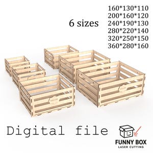 Könnte beinhalten: Ein Satz von sechs Holz-Kisten-Designs, verfügbar als digitale Datei. Die Kisten variieren in der Größe, von 16.0x13.0x11.0 cm bis 36.0x28.0x16.0 cm. Jede Kiste hat ein Latten-Design und ein "WITH LOVE"-Etikett. Das Bild enthält den Text "Digital file" und das Logo von "FUNNY BOX LASER CUTTING".