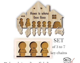 Family Key Holder Set – Laser Cutting Template for 3 to 7 Keys with Funny Quotes and Custom Keychains