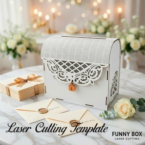 May include: A white wooden laser-cut box with a decorative front panel and a lock. The box has a slatted top and is surrounded by envelopes, a gift box with a bow, and a rose. The text "Laser Cutting Template" is visible.
