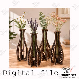 Laser Cut Flower Vase SVG Bundle | 4 Wooden Test Tube Vase Designs | Glowforge File | CNC Laser Cutting Pattern | Floral Holder SVG