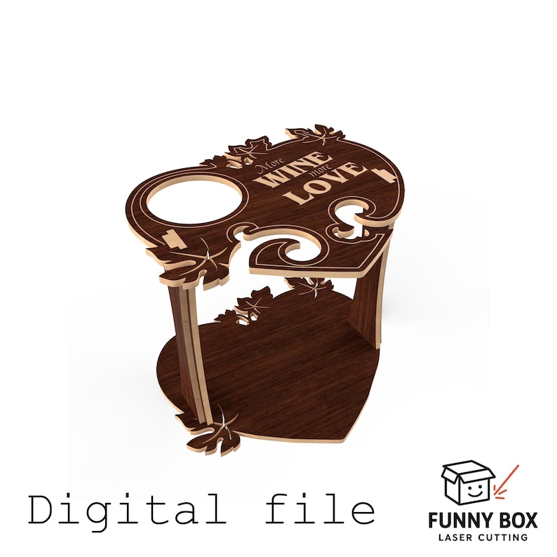 May include: A wooden wine bottle holder with a heart-shaped base and a top that reads "More Wine More Love." The holder has a circular opening for the bottle and is decorated with leaf designs. The words "Digital file" are at the bottom.