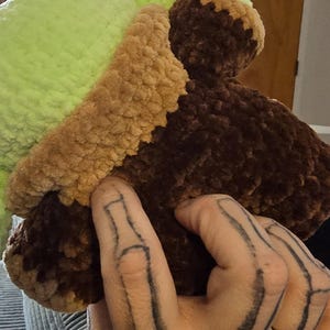 Puede incluir: Un juguete de peluche hecho a mano con forma de taco. El juguete presenta un relleno verde claro, una c&aacute;scara de color marr&oacute;n claro y un relleno marr&oacute;n. El juguete blando est&aacute; hecho de un material texturizado y difuso.