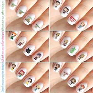 May include: Set of 10 nail decals featuring various pop culture characters, including Baby Yoda, Groot, Harry Potter, and more. The decals are printed on clear, transparent material and are designed to be applied to natural or artificial nails.