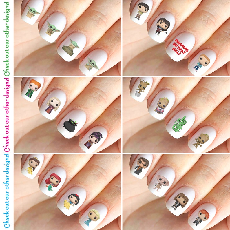May include: Set of 10 nail decals featuring various pop culture characters, including Baby Yoda, Groot, Harry Potter, and more. The decals are printed on clear, transparent material and are designed to be applied to natural or artificial nails.