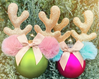 Disney Mickey Minnie Inspired Ornament with Deer Antlers - Handmade in USA