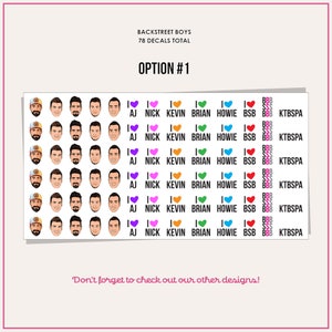 May include: A sheet of 78 Backstreet Boys stickers featuring cartoon images of the band members. The stickers are arranged in rows and include hearts with the names of each band member: AJ, Nick, Kevin, Brian, Howie, BSB, and KTBSPA. The text "OPTION #1" is at the top of the sheet.
