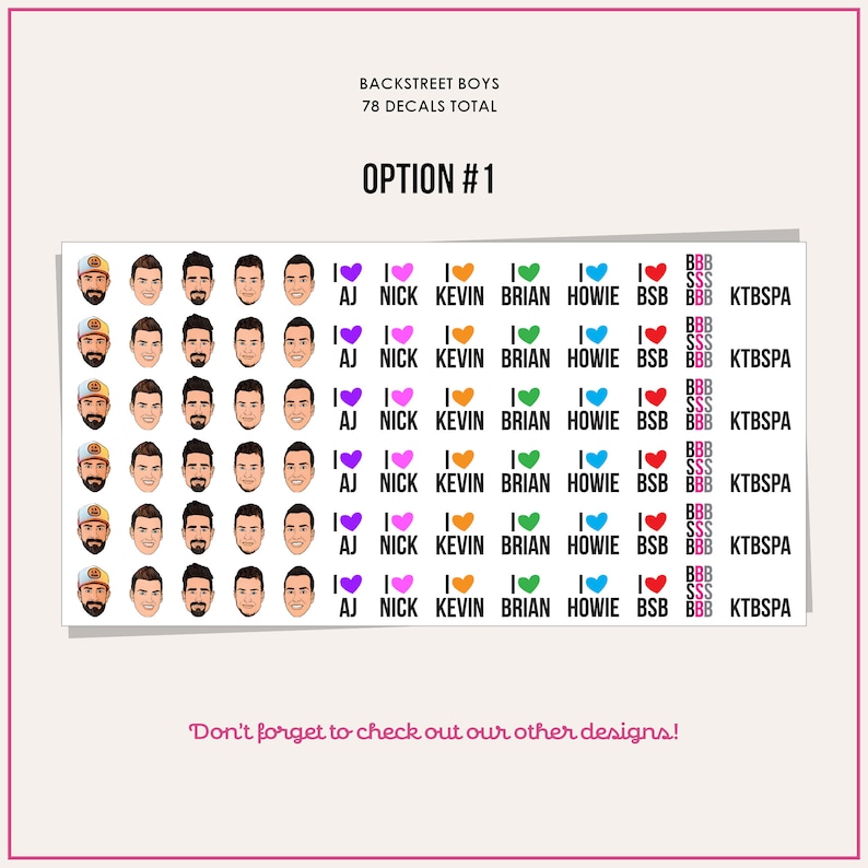 May include: A sheet of 78 Backstreet Boys stickers featuring cartoon images of the band members. The stickers are arranged in rows and include hearts with the names of each band member: AJ, Nick, Kevin, Brian, Howie, BSB, and KTBSPA. The text "OPTION #1" is at the top of the sheet.