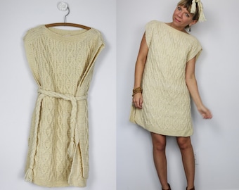 Handmade Vintage Bone White Cable Knit Tunic Mini Dress in size Small, Medium, and could potentially fit Large
