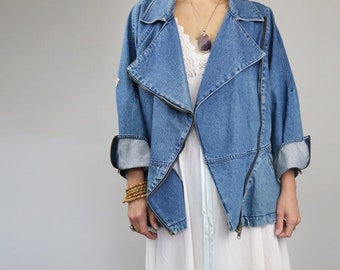 70s - early 80s Asymmetrical Denim Jacket by EXIT Paris, urban, grunge, bohemian, classic, chic, festival wear, for size small medium large