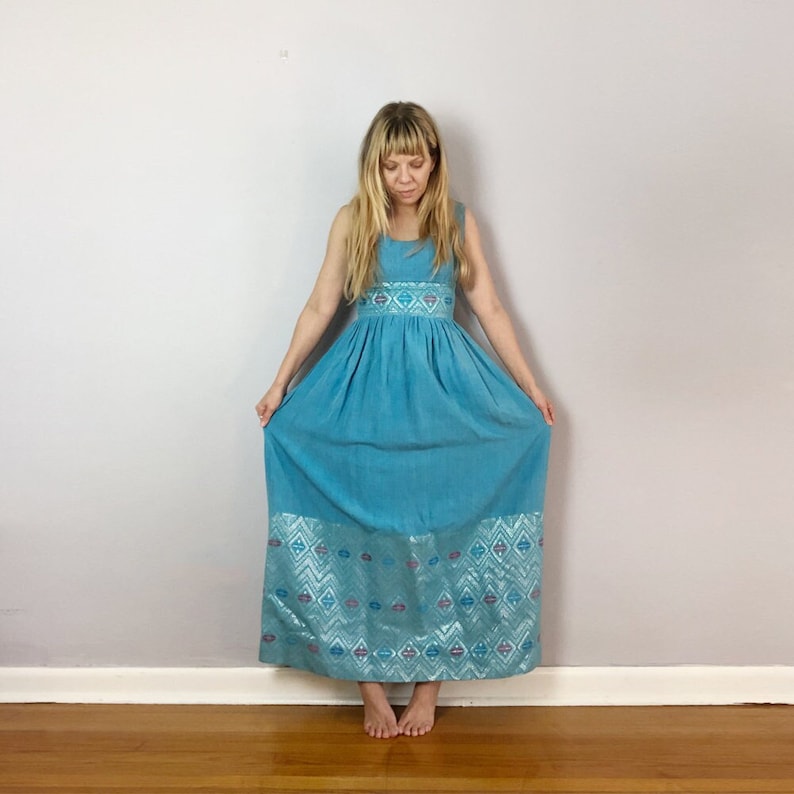 rare 1960s teal goddess dress / handmade / size xs or small image 1