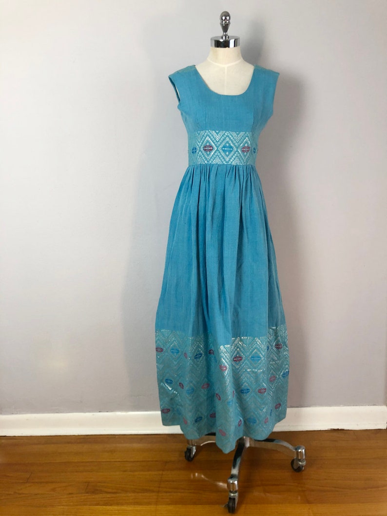 rare 1960s teal goddess dress / handmade / size xs or small image 2