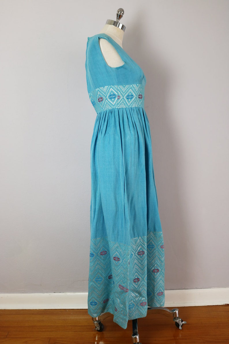 rare 1960s teal goddess dress / handmade / size xs or small image 5